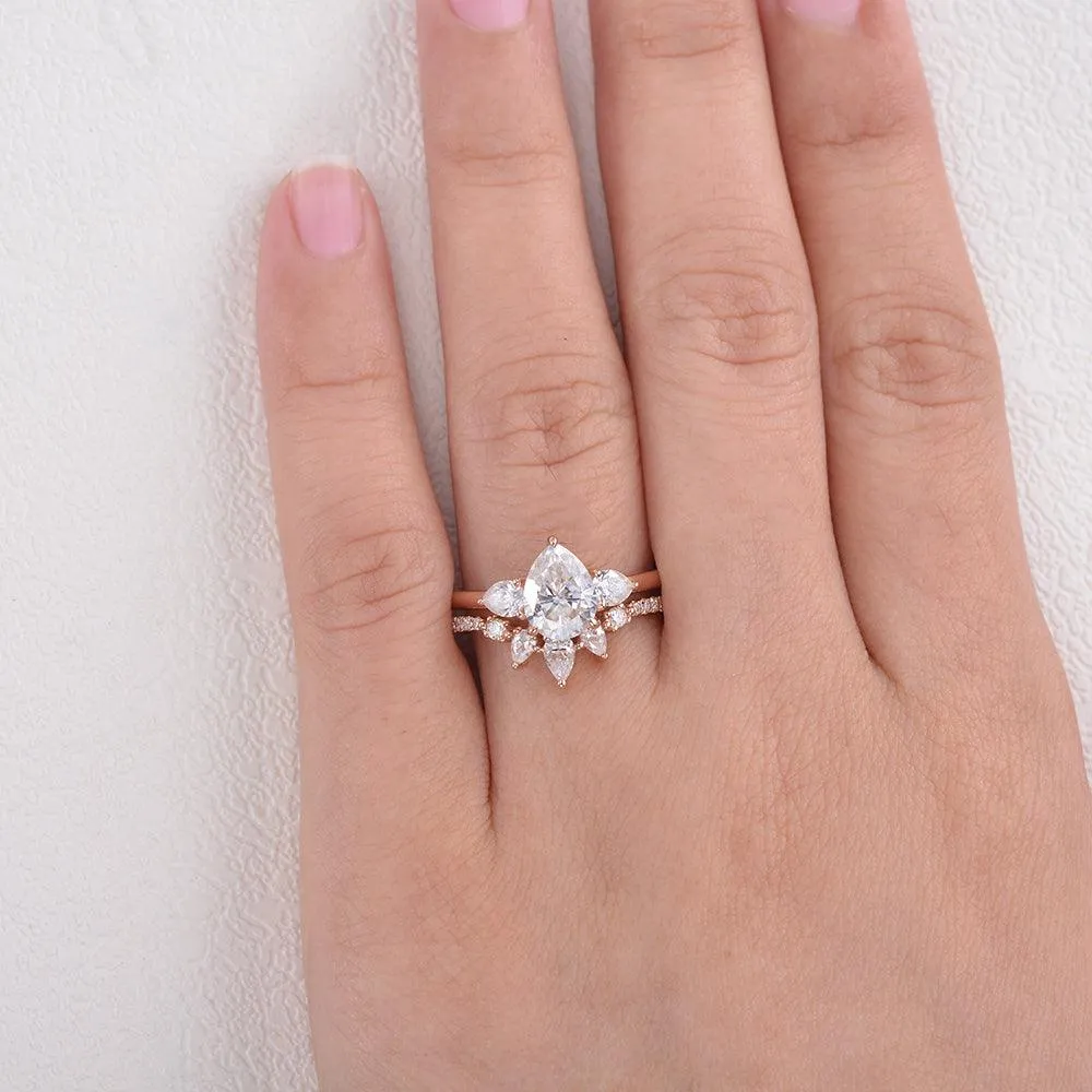 Pear Shaped Moissanite Three Stone Ring Set 2pcs