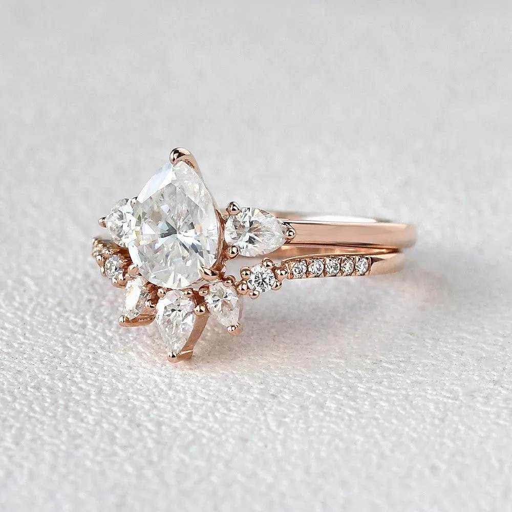 Pear Shaped Moissanite Three Stone Ring Set 2pcs