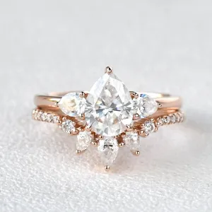 Pear Shaped Moissanite Three Stone Ring Set 2pcs