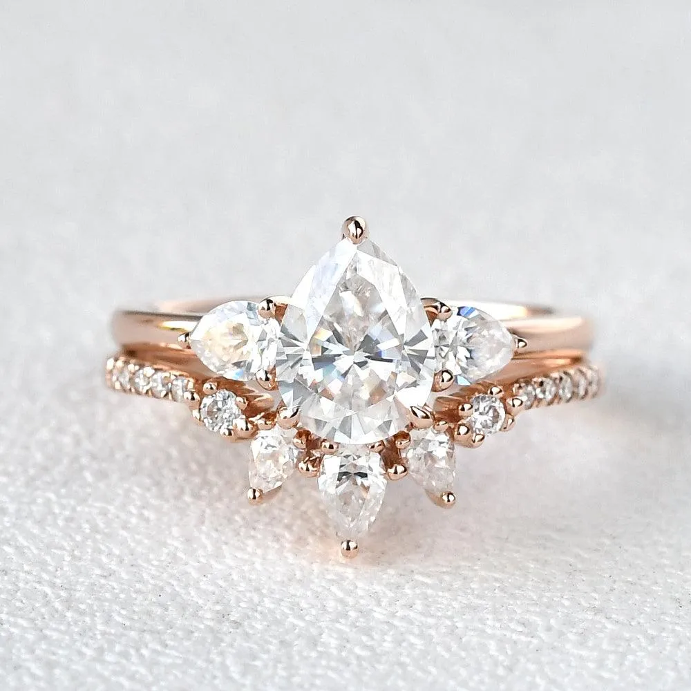 Pear Shaped Moissanite Three Stone Ring Set 2pcs