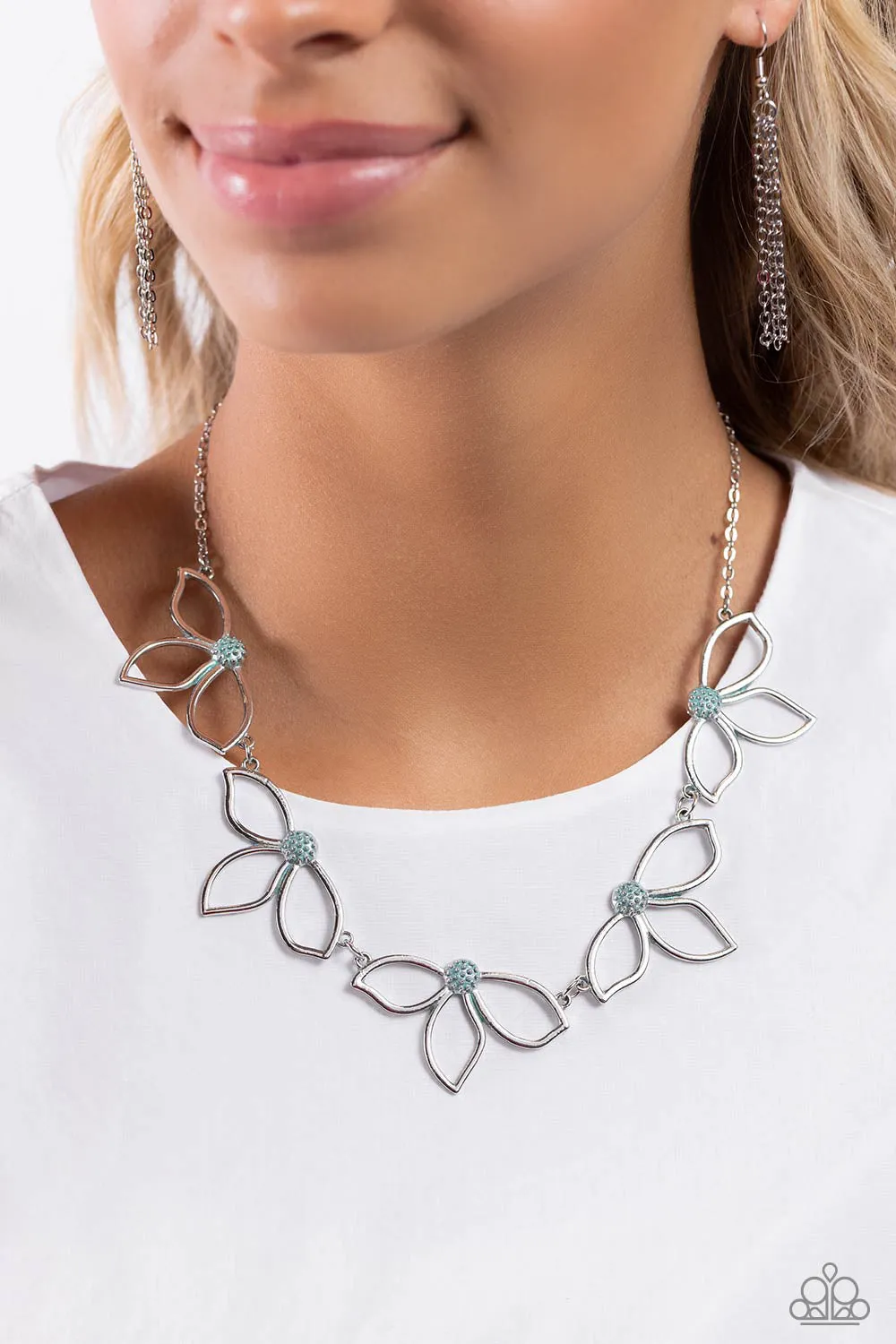 Petal Pageantry - Blue - Patina Center Silver Flower Paparazzi Short Necklace