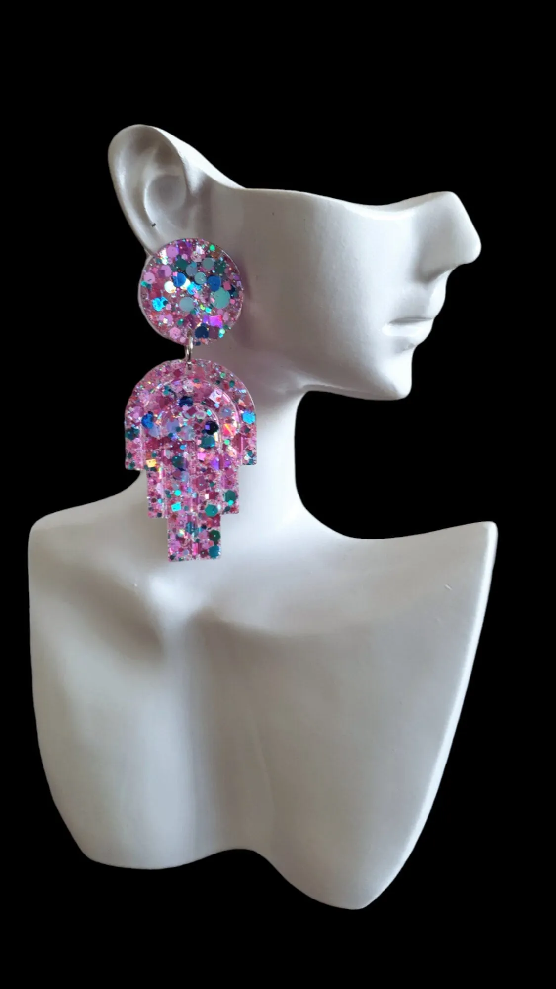 Pink Blue Glitter Dangle Drop Earrings, Statement Handmade Resin Earrings