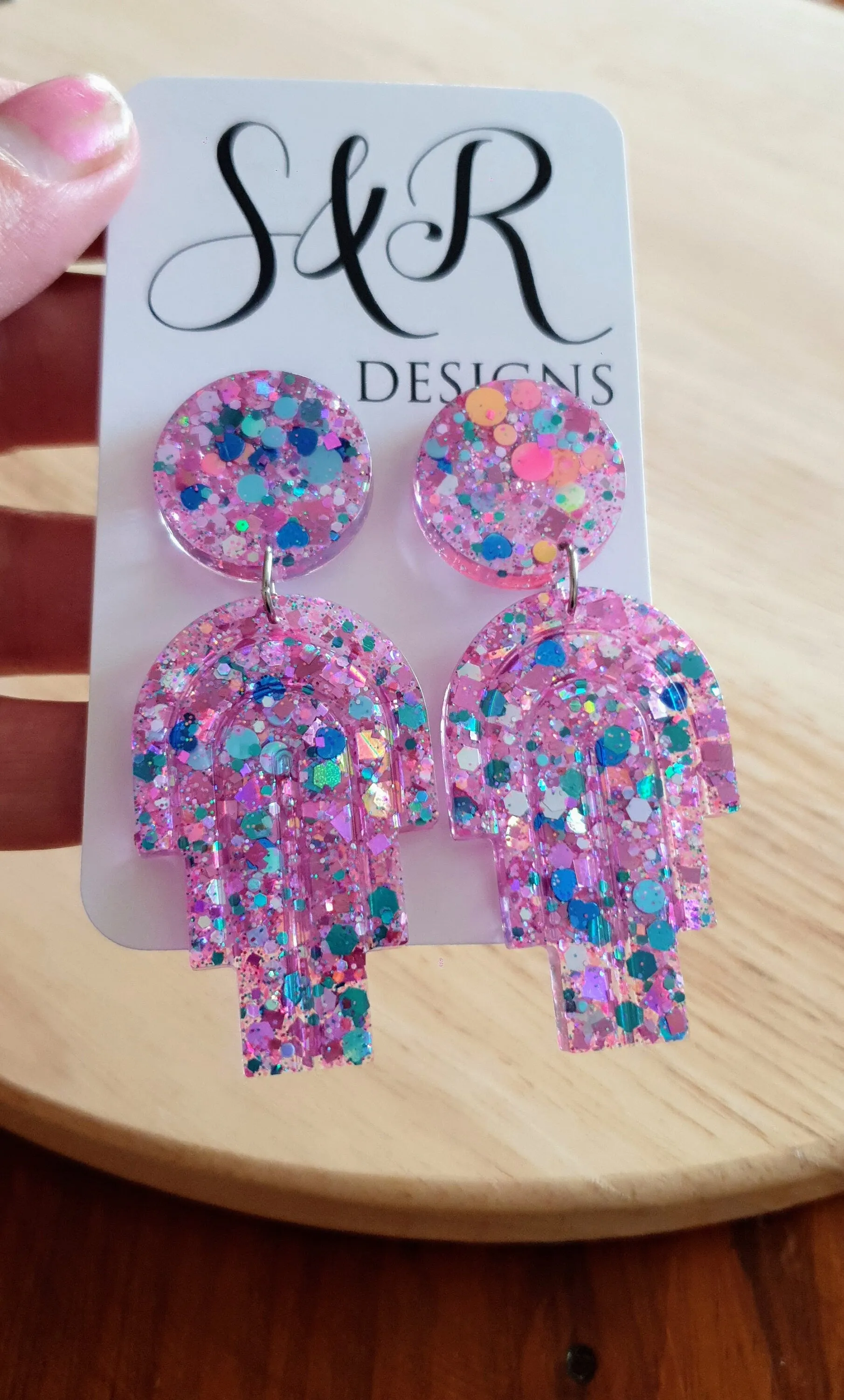 Pink Blue Glitter Dangle Drop Earrings, Statement Handmade Resin Earrings