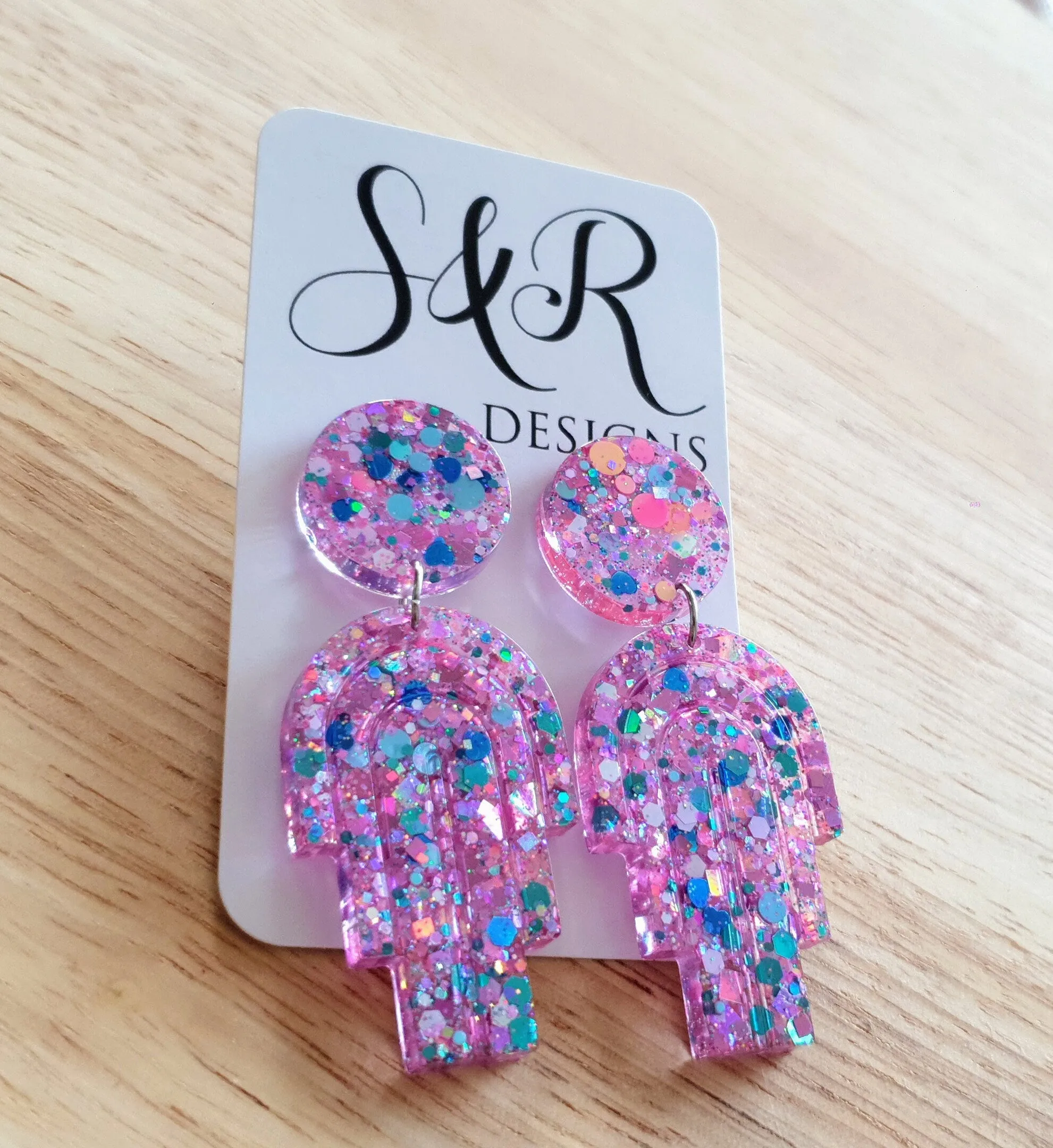 Pink Blue Glitter Dangle Drop Earrings, Statement Handmade Resin Earrings