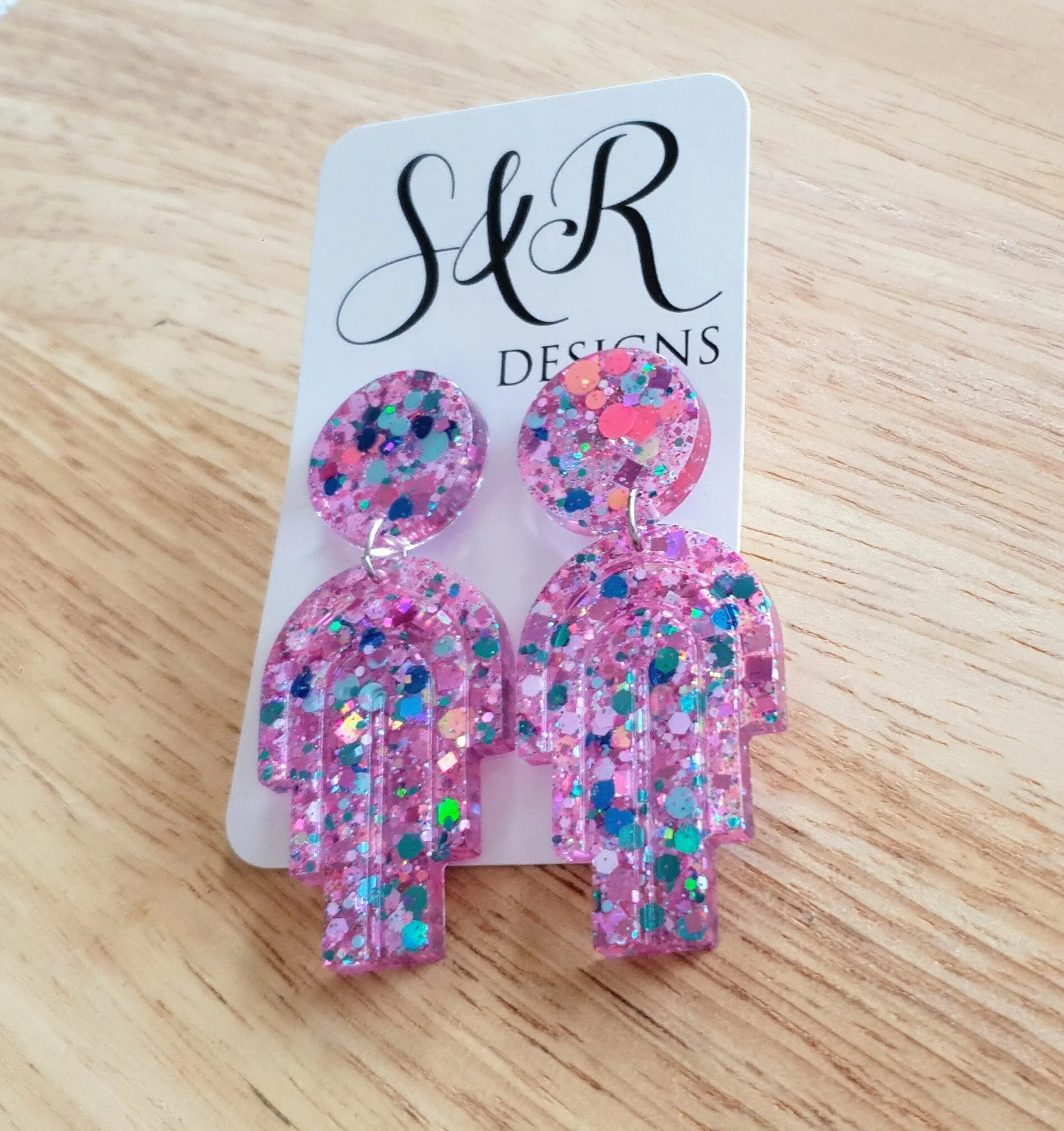 Pink Blue Glitter Dangle Drop Earrings, Statement Handmade Resin Earrings