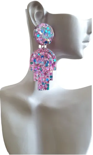 Pink Blue Glitter Dangle Drop Earrings, Statement Handmade Resin Earrings