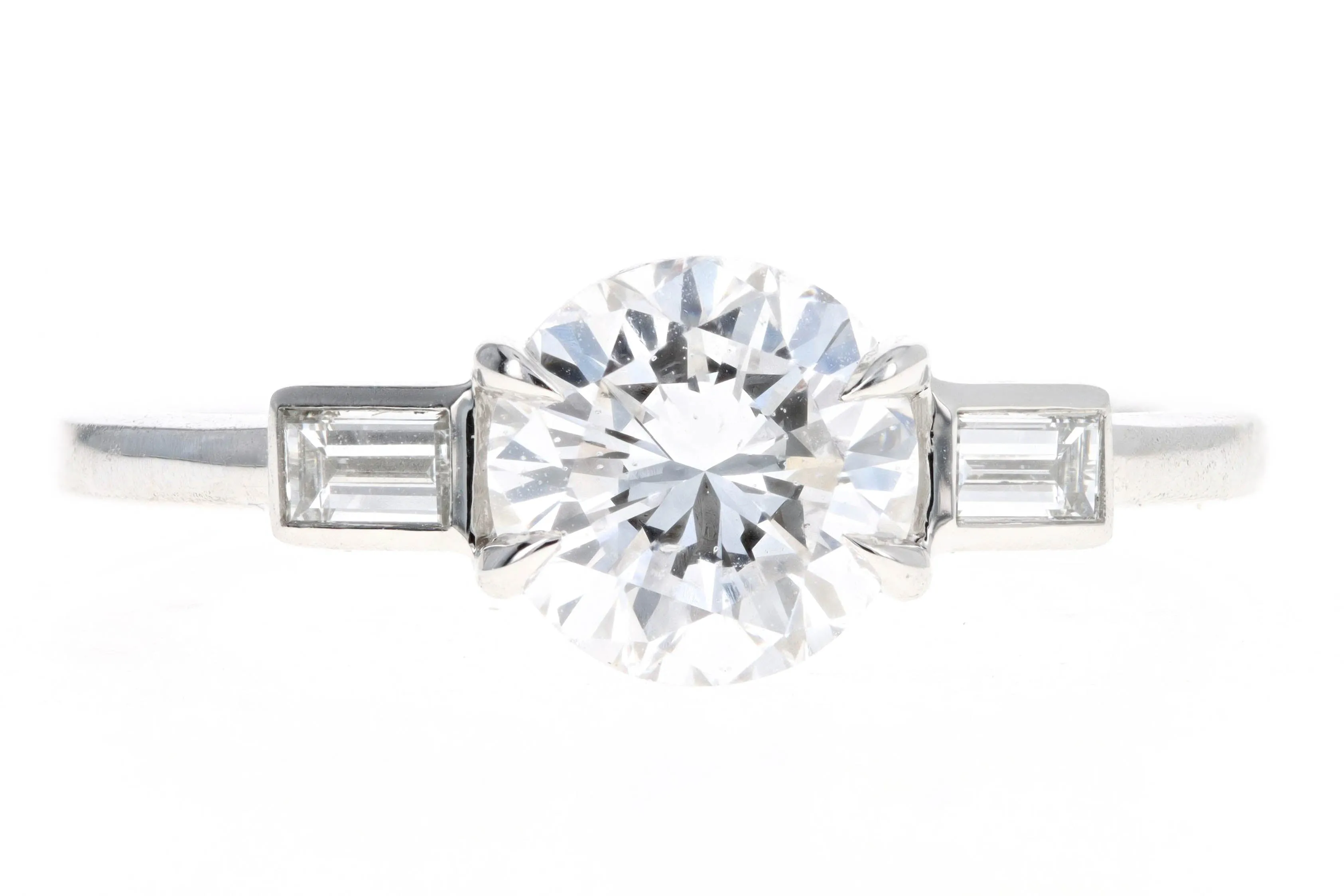 Platinum 1.37 Carat Round Brilliant Diamond Baguette Three Stone Engagement Ring GIA Certified