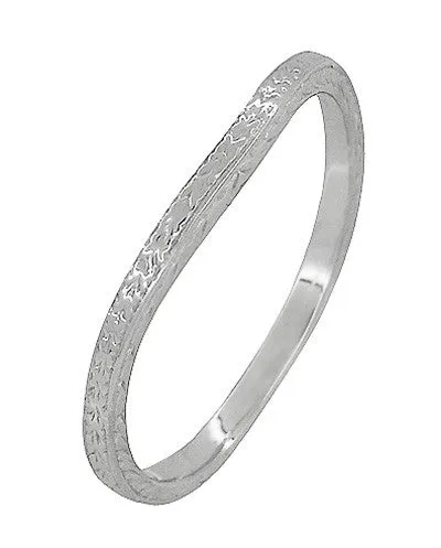 Platinum Art Deco Engraved Wheat Curved Thin Wedding Ring