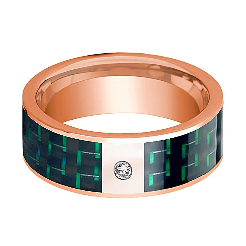 Polished 14k Rose Gold Wedding Band for Men with Diamond and Black & Green Carbon Fiber Inlay - 8MM
