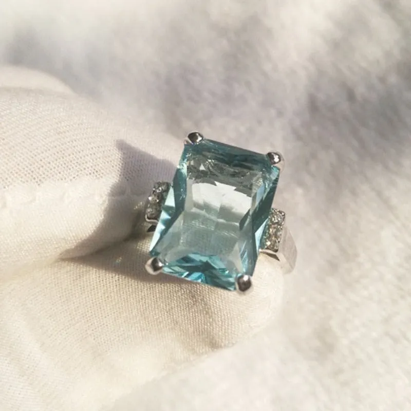Princess Aquamarine Ring Women Engagement Wedding Jewelry