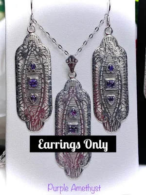 Purple Amethyst Earrings, Simulated or Natural Gemstones, Angel Wings, Vintage Revival Jewelry #E359