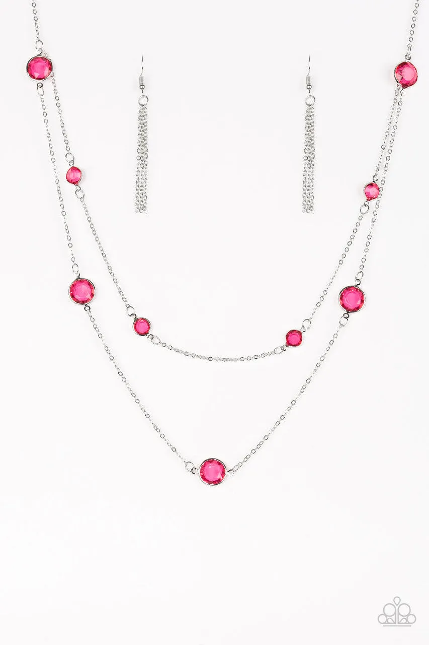 Raise Your Glass - Pink - Glassy Gem Tiered Paparazzi Long Necklace