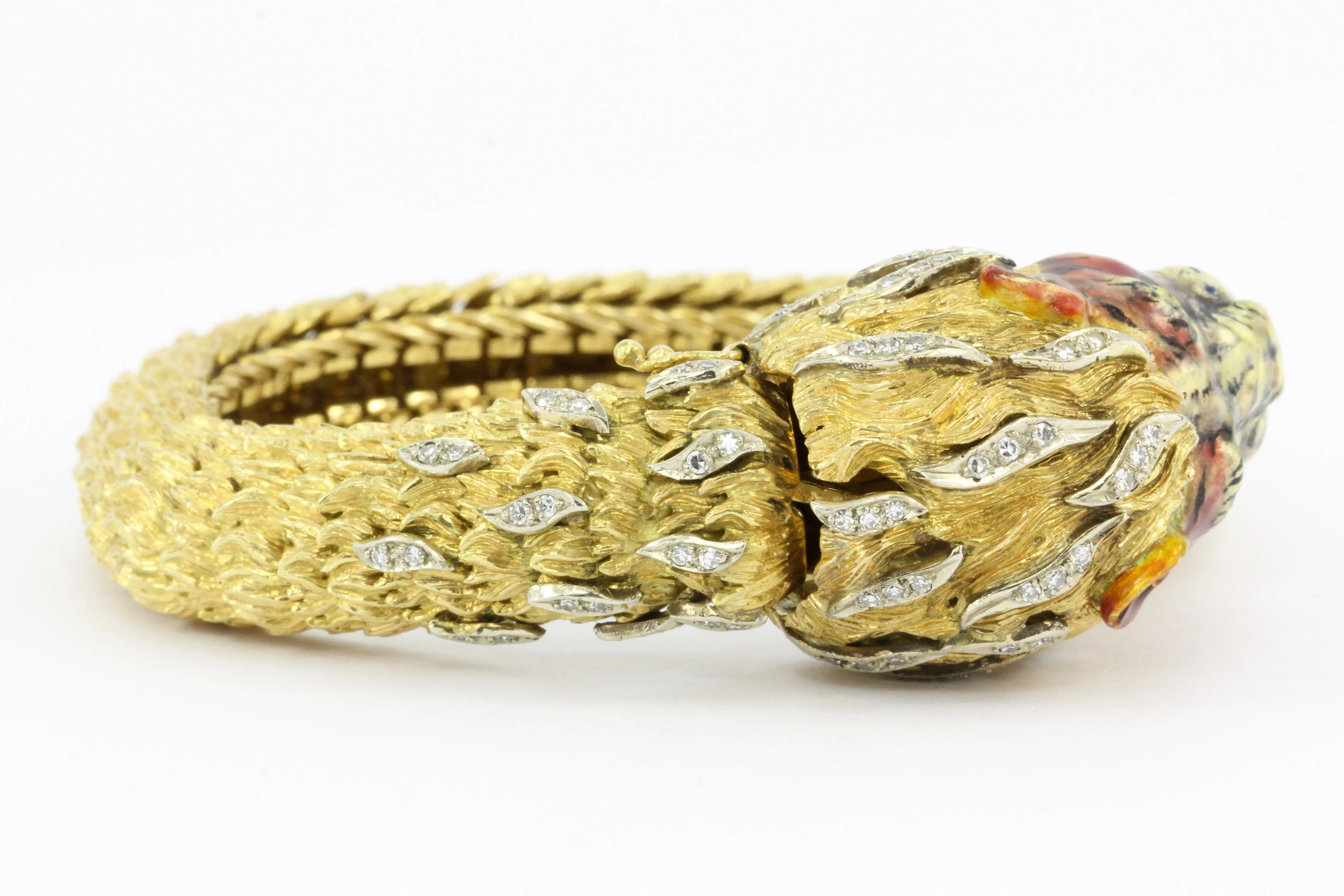 Retro 18K Yellow Gold Diamond & Enamel Lion Head Bracelet