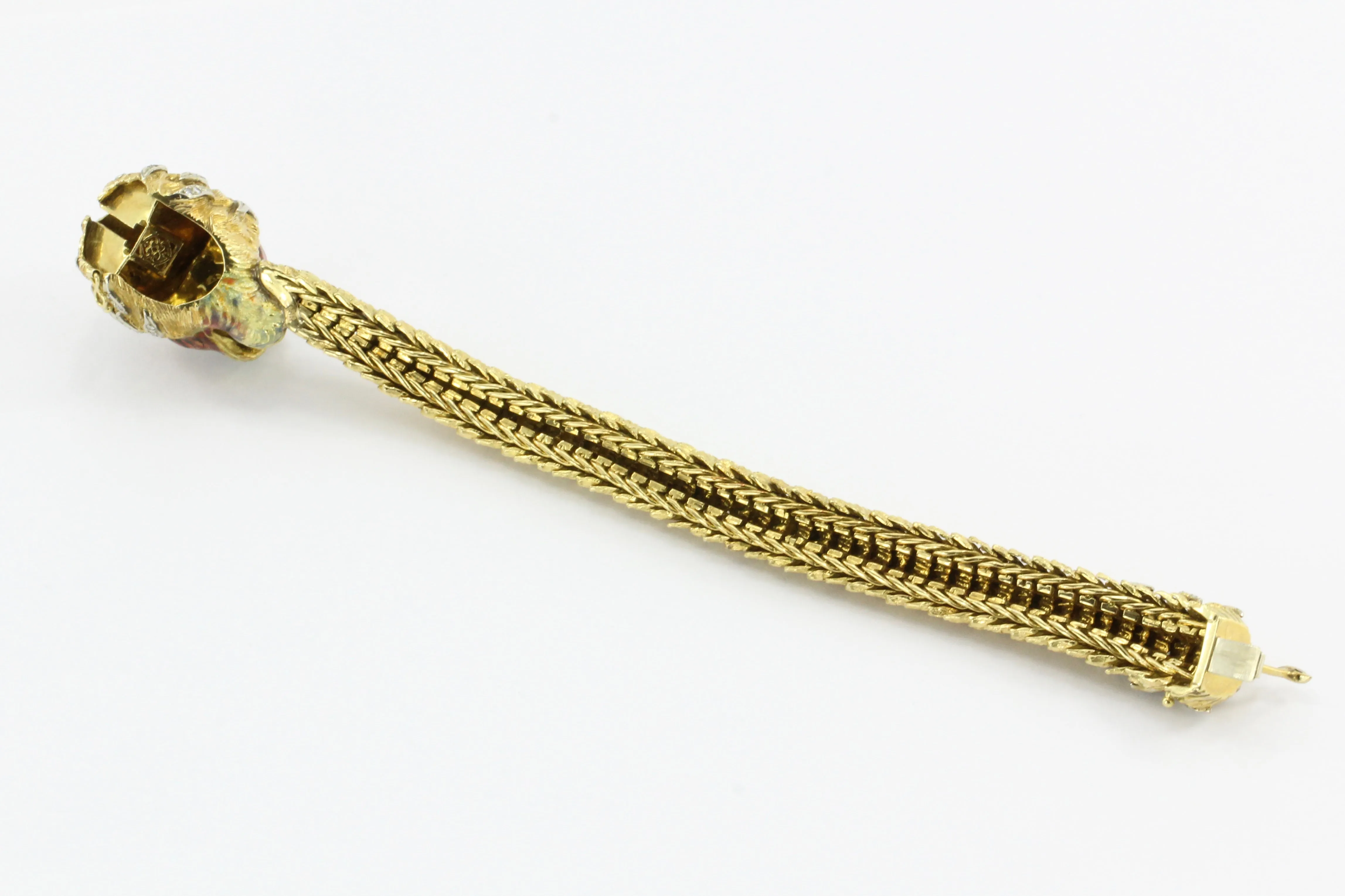 Retro 18K Yellow Gold Diamond & Enamel Lion Head Bracelet
