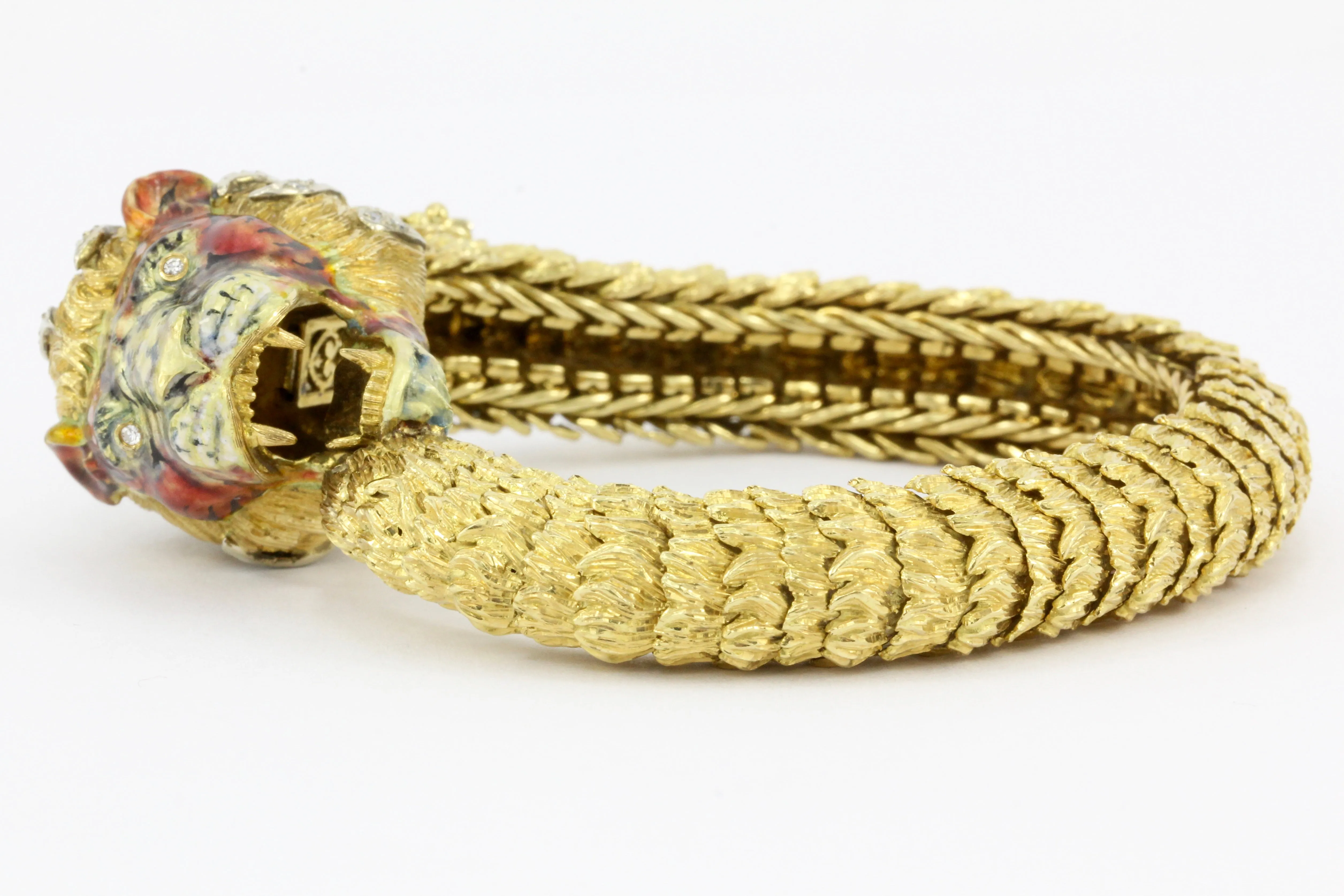 Retro 18K Yellow Gold Diamond & Enamel Lion Head Bracelet