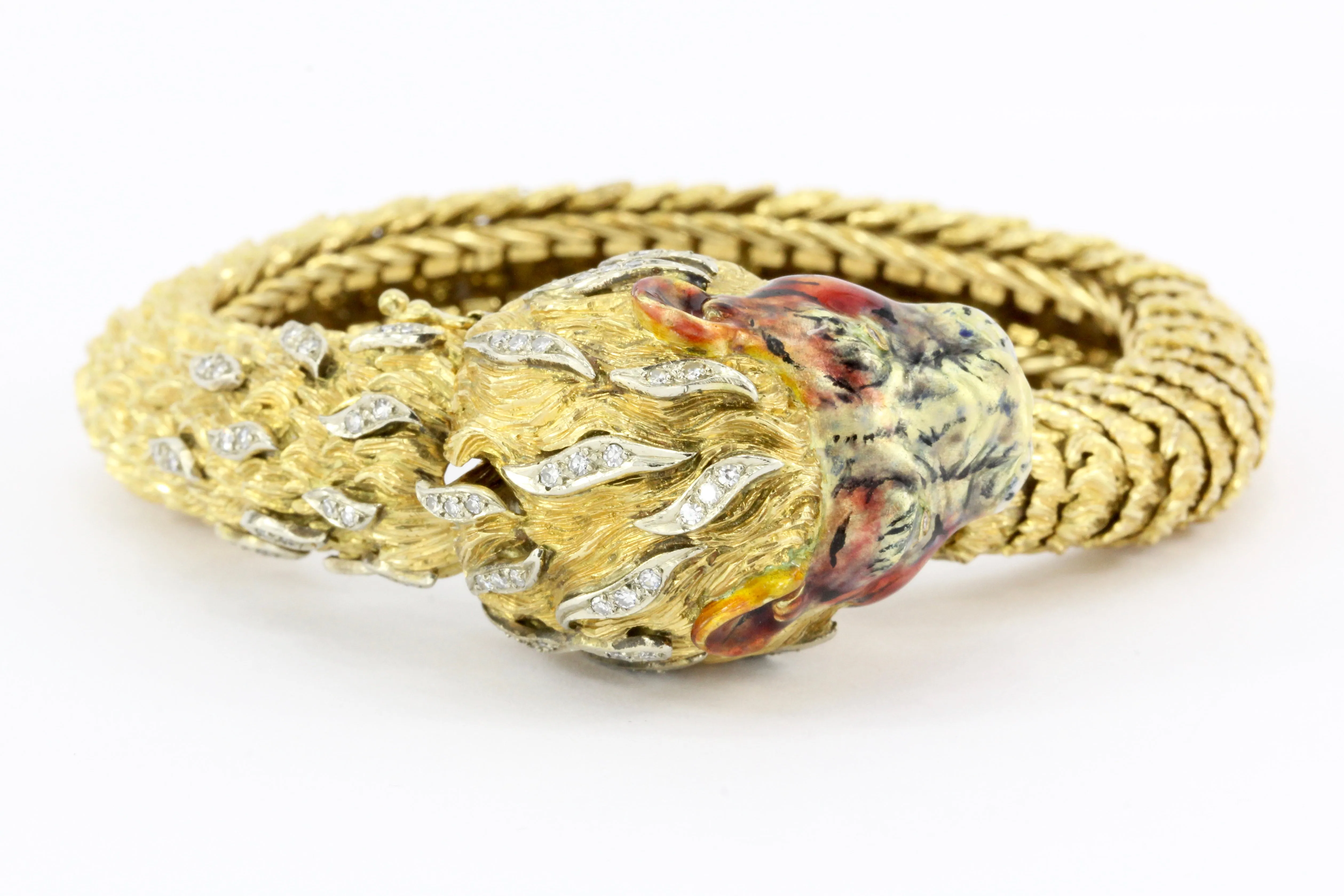 Retro 18K Yellow Gold Diamond & Enamel Lion Head Bracelet