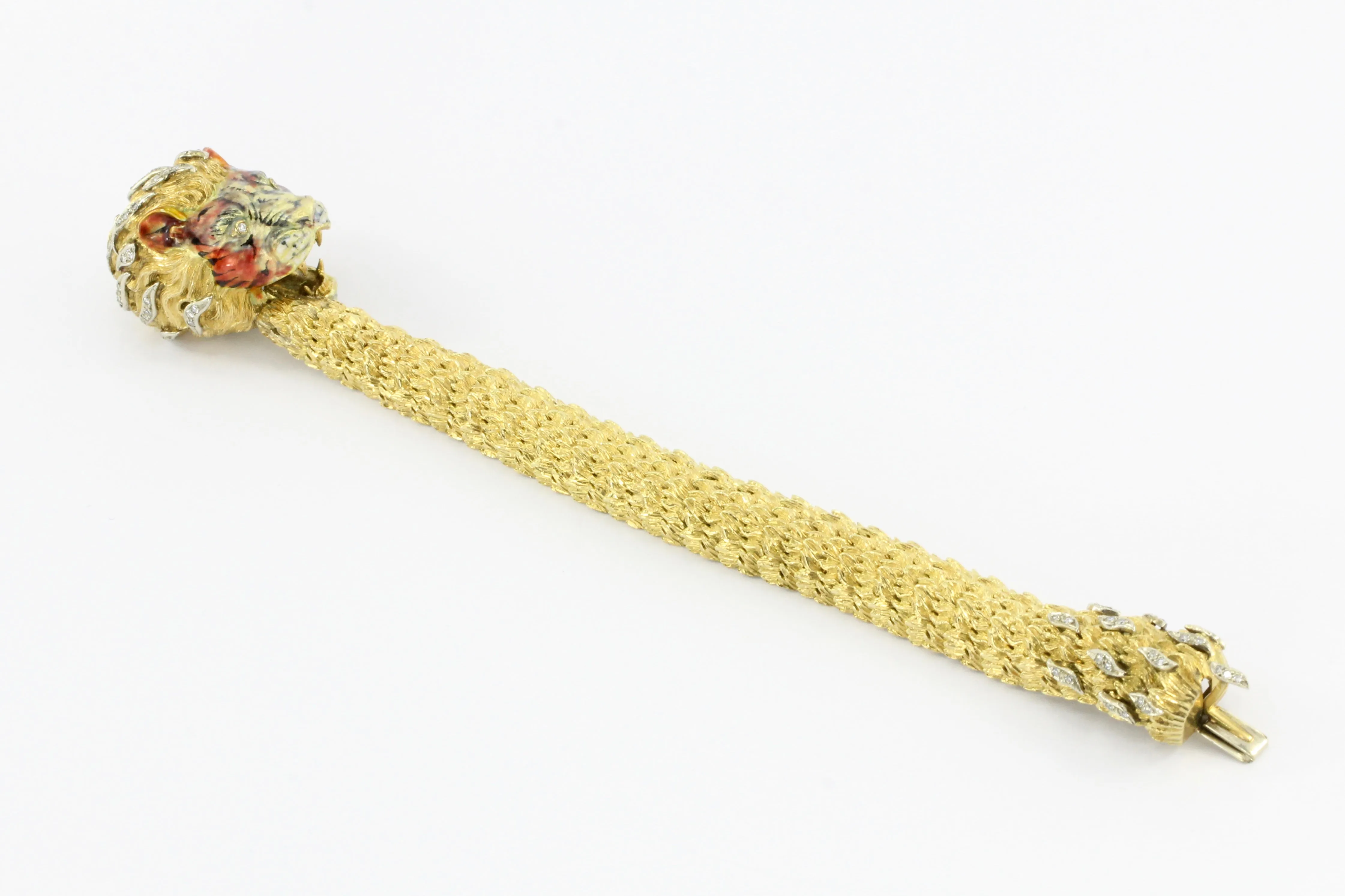 Retro 18K Yellow Gold Diamond & Enamel Lion Head Bracelet