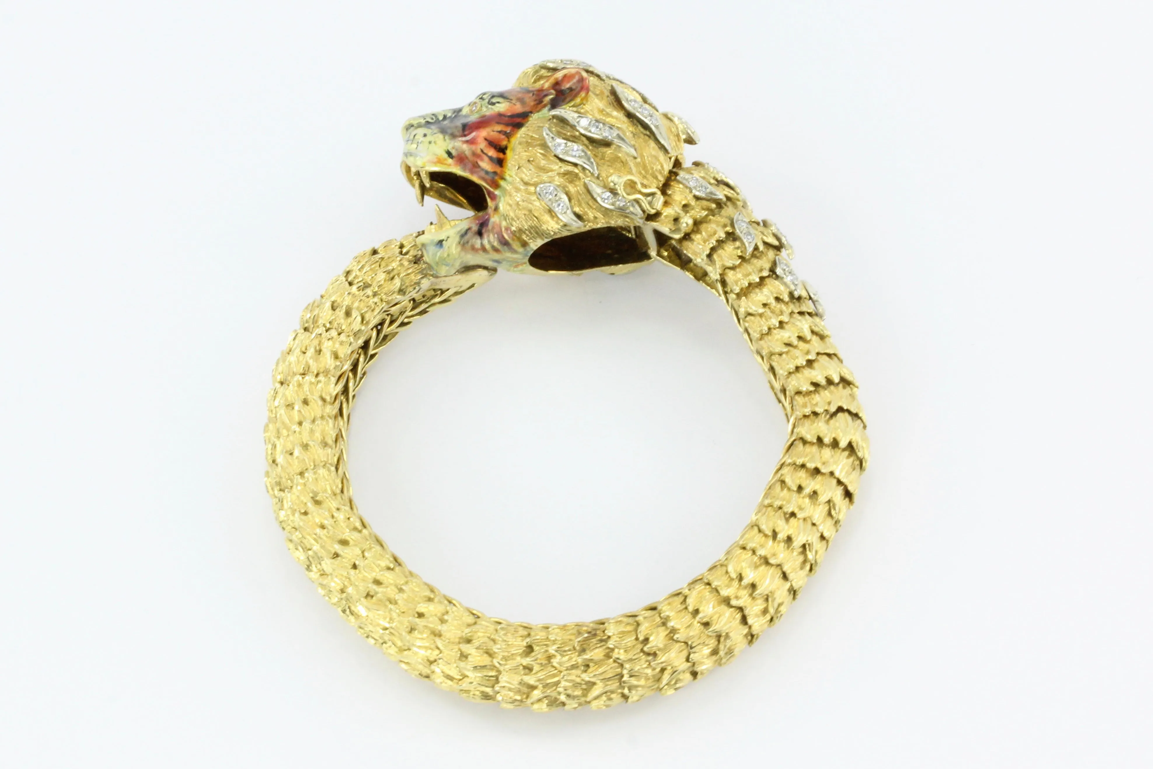 Retro 18K Yellow Gold Diamond & Enamel Lion Head Bracelet