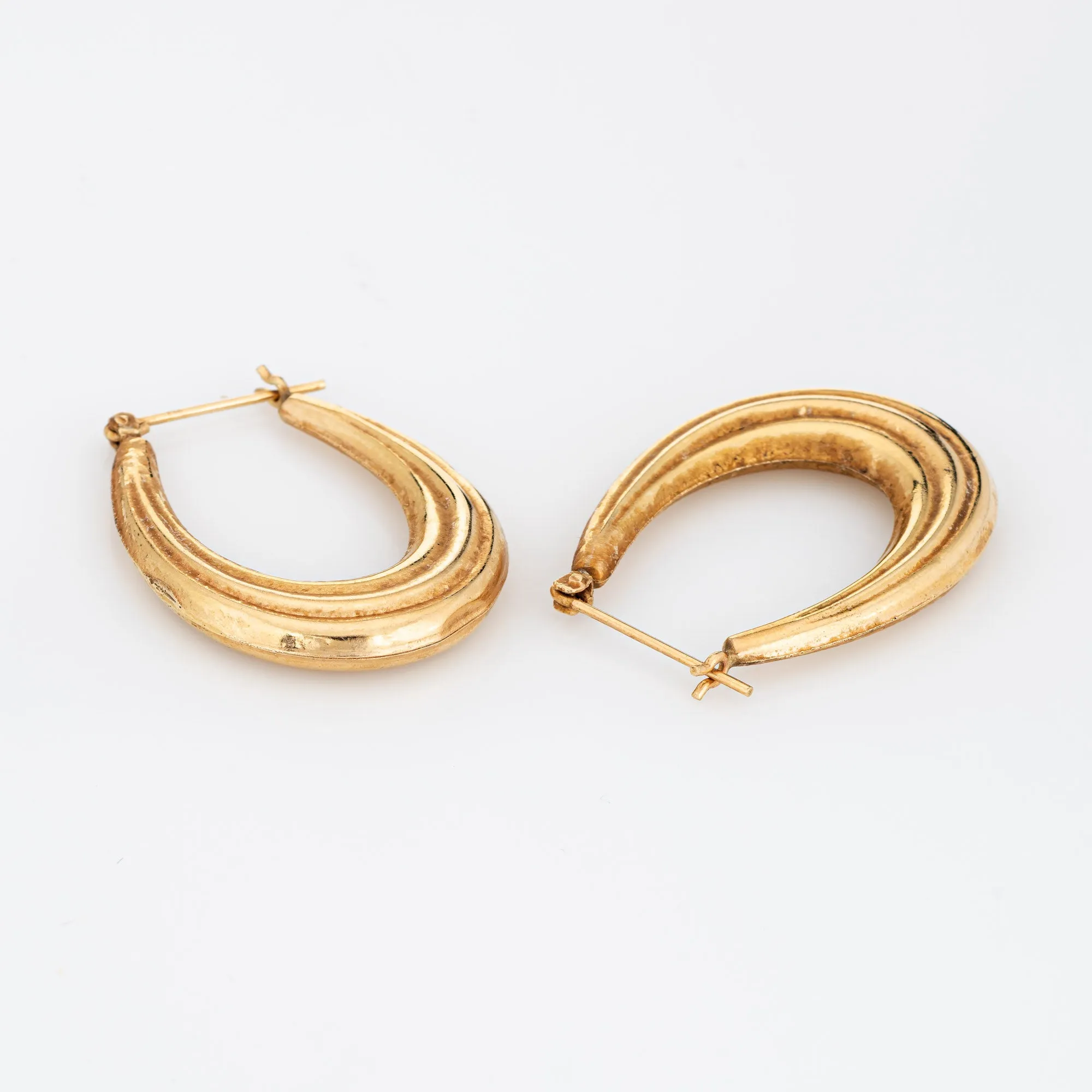 Ridged Oval Hoop Earrings Vintage 14k Yellow Gold 1.25" Drops Estate Jewelry