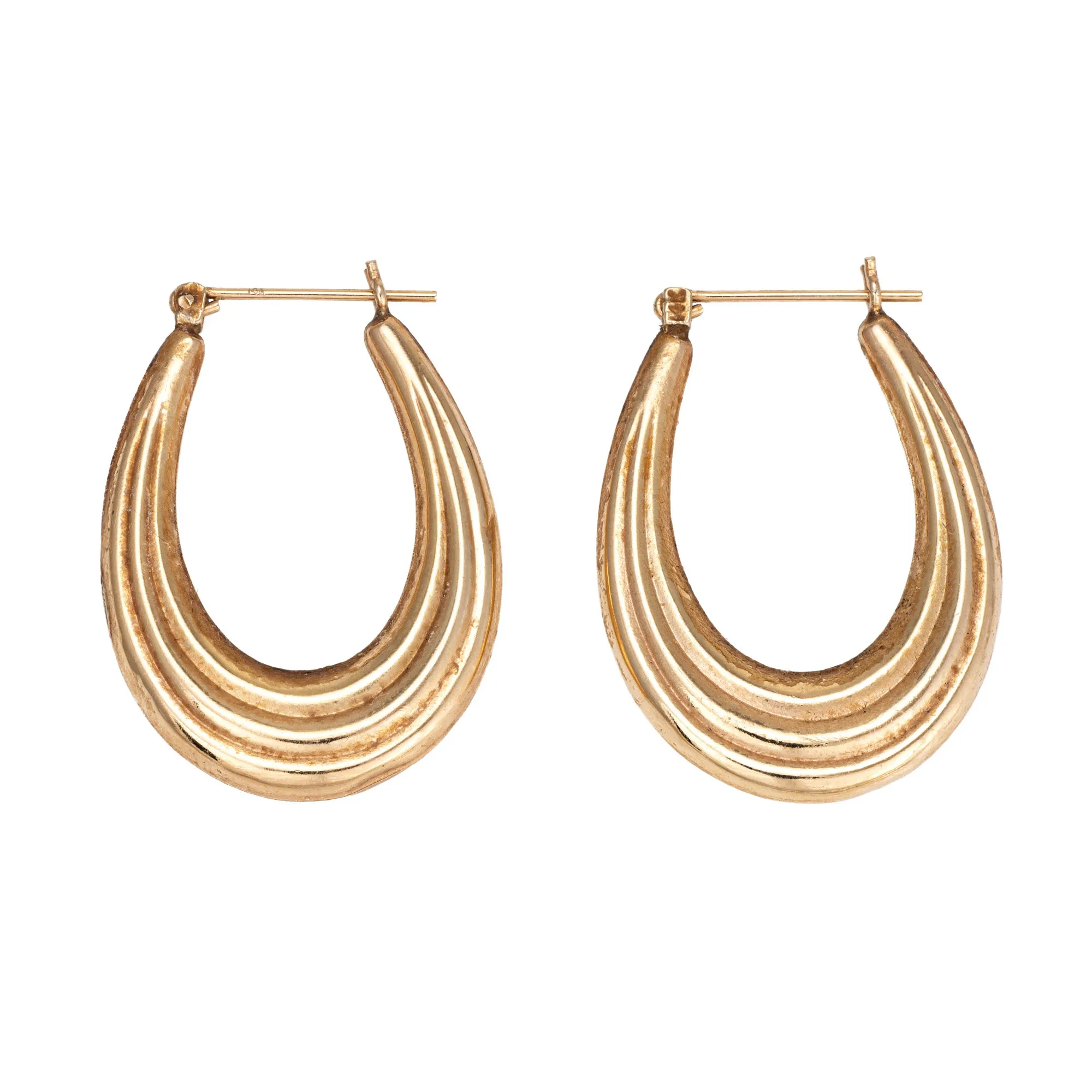 Ridged Oval Hoop Earrings Vintage 14k Yellow Gold 1.25" Drops Estate Jewelry