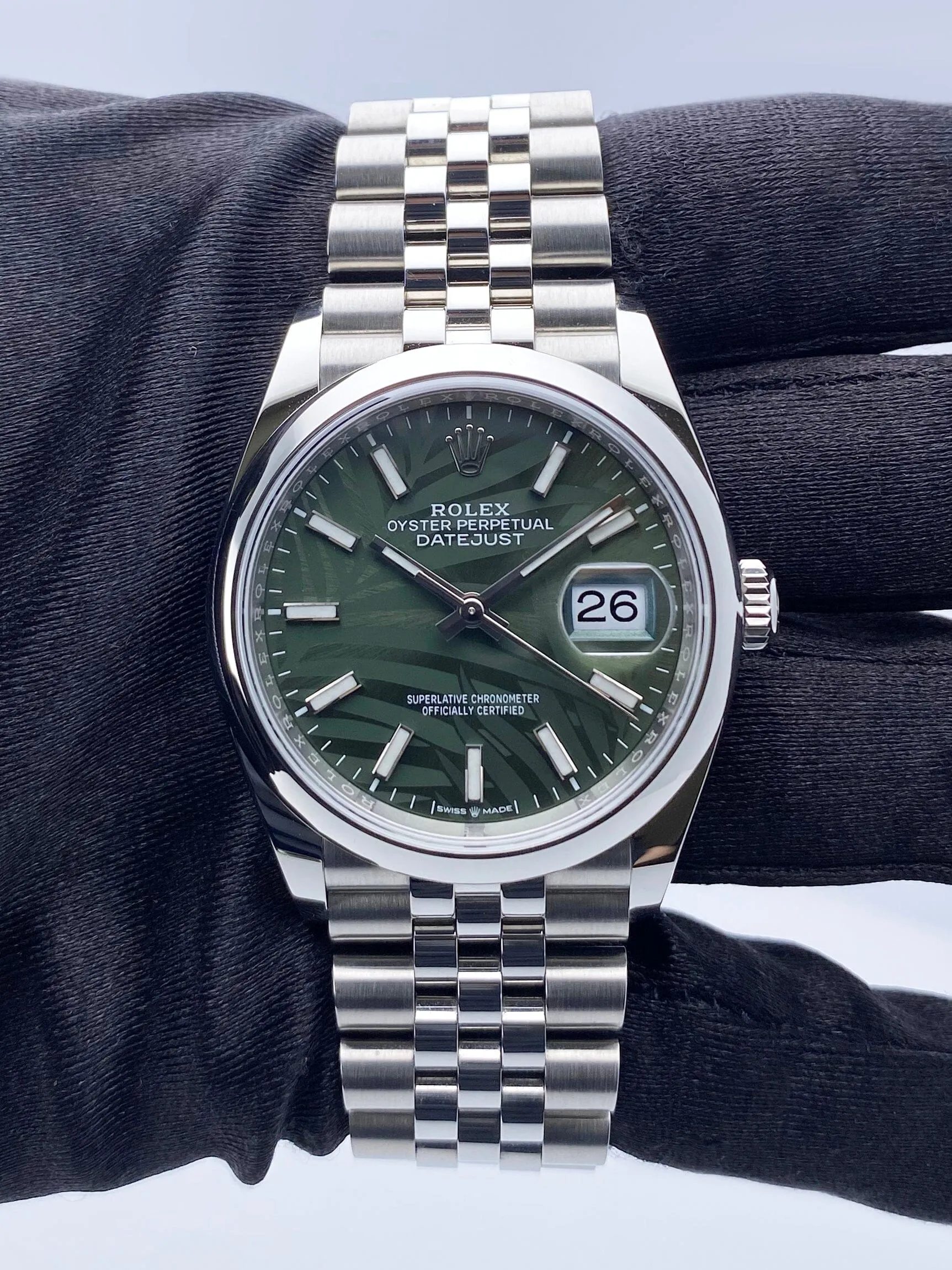 Rolex Datejust 36 126200 Palm Dial Steel Mens Watch Box Papers