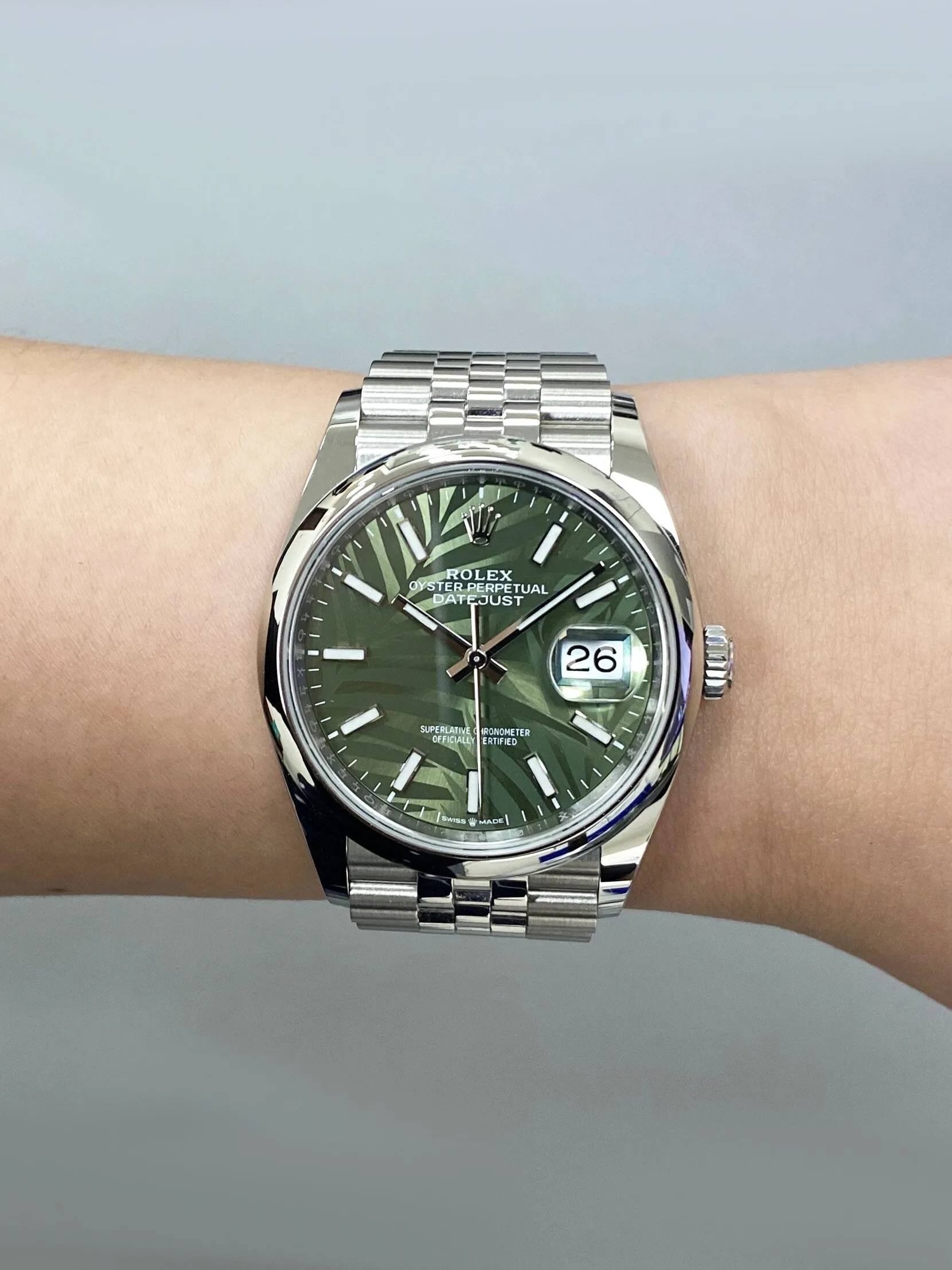 Rolex Datejust 36 126200 Palm Dial Steel Mens Watch Box Papers