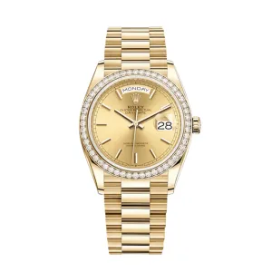 Rolex Day-Date 128348RBR Yellow Gold Diamond Bezel Champagne Dial