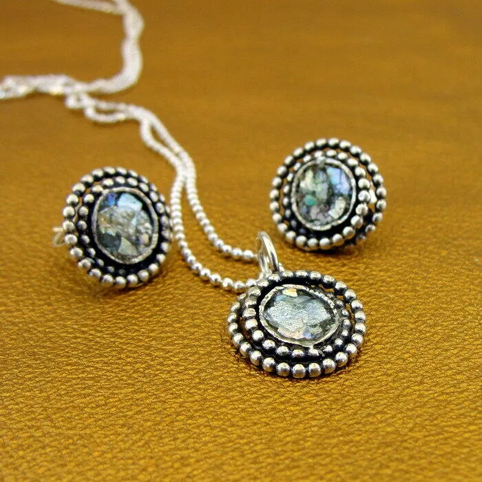 Roman Glass Stud Earrings 925 Sterling Silver Handmade Hadar Designers (AS)SALE