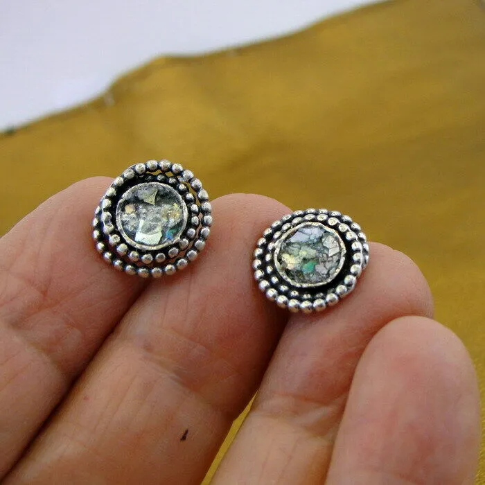 Roman Glass Stud Earrings 925 Sterling Silver Handmade Hadar Designers (AS)SALE