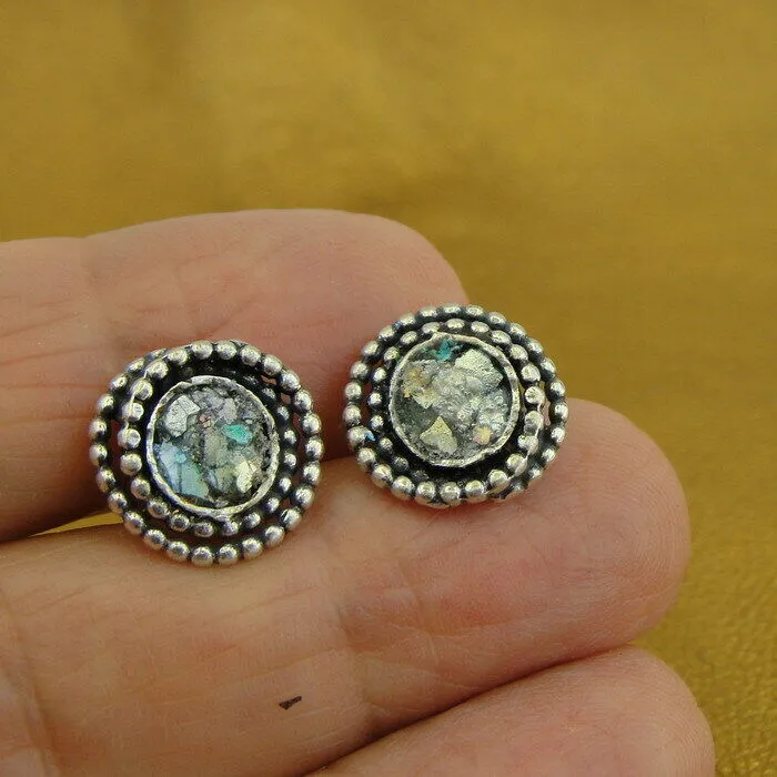 Roman Glass Stud Earrings 925 Sterling Silver Handmade Hadar Designers (AS)SALE