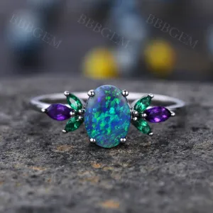 Rose Gold 1.5CT Oval Cut Black Opal Engagement Ring Marquise Amethyst Emerald