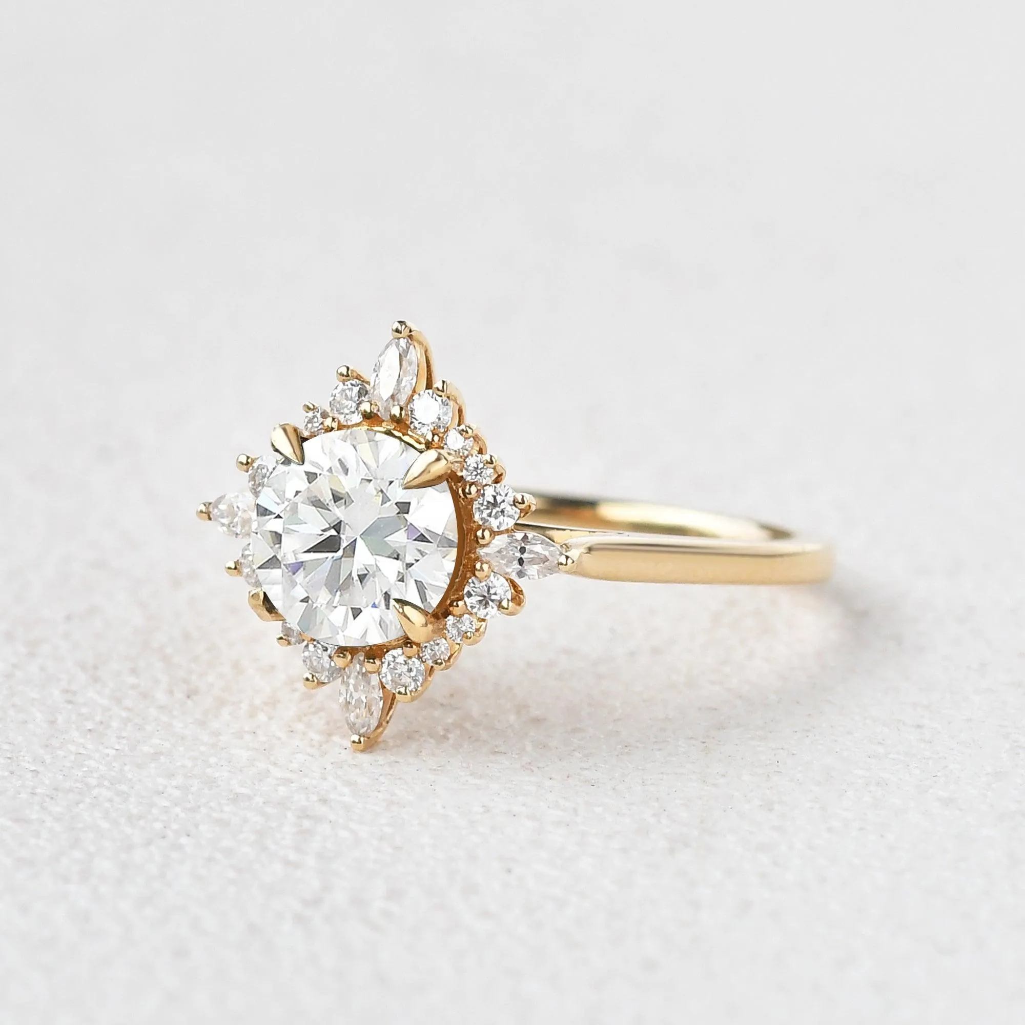Round Cut Moissanite Floral Inspired Yellow Gold Ring