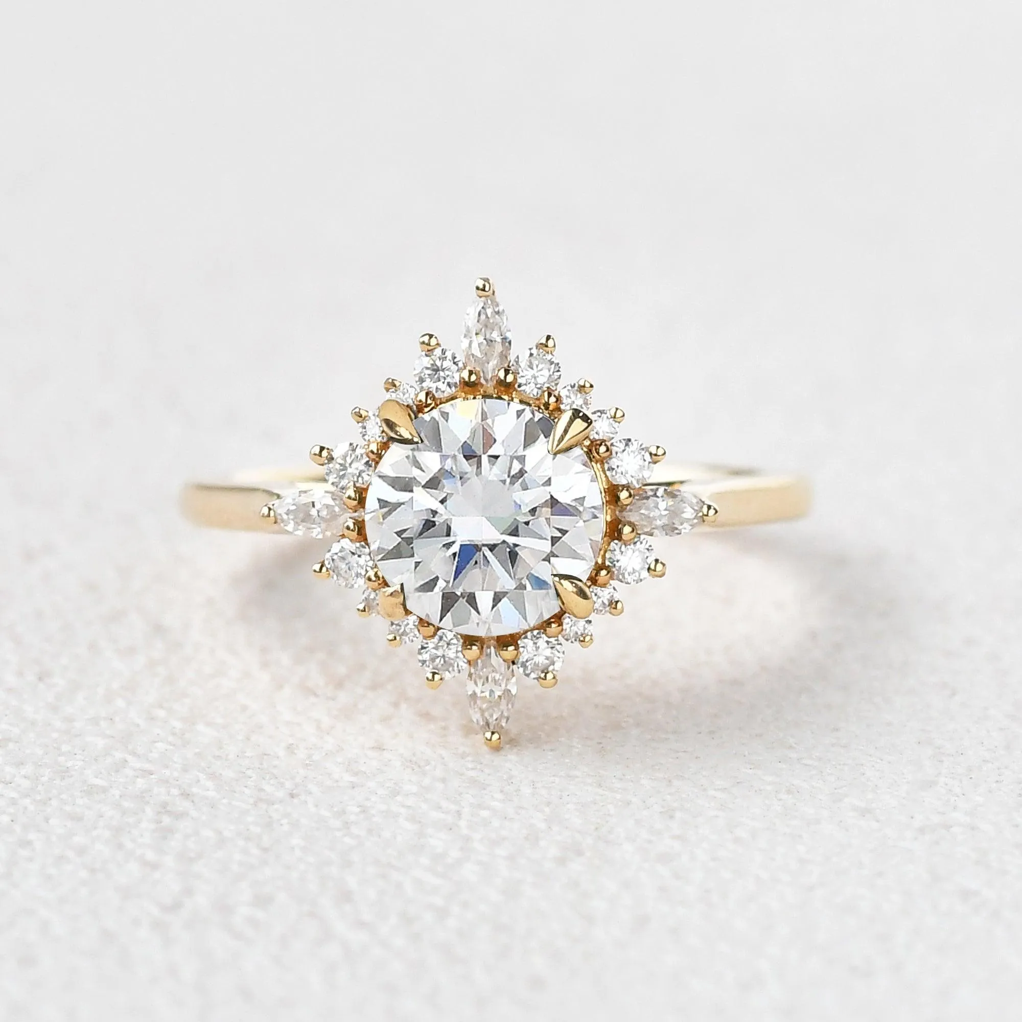 Round Cut Moissanite Floral Inspired Yellow Gold Ring