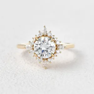Round Cut Moissanite Floral Inspired Yellow Gold Ring