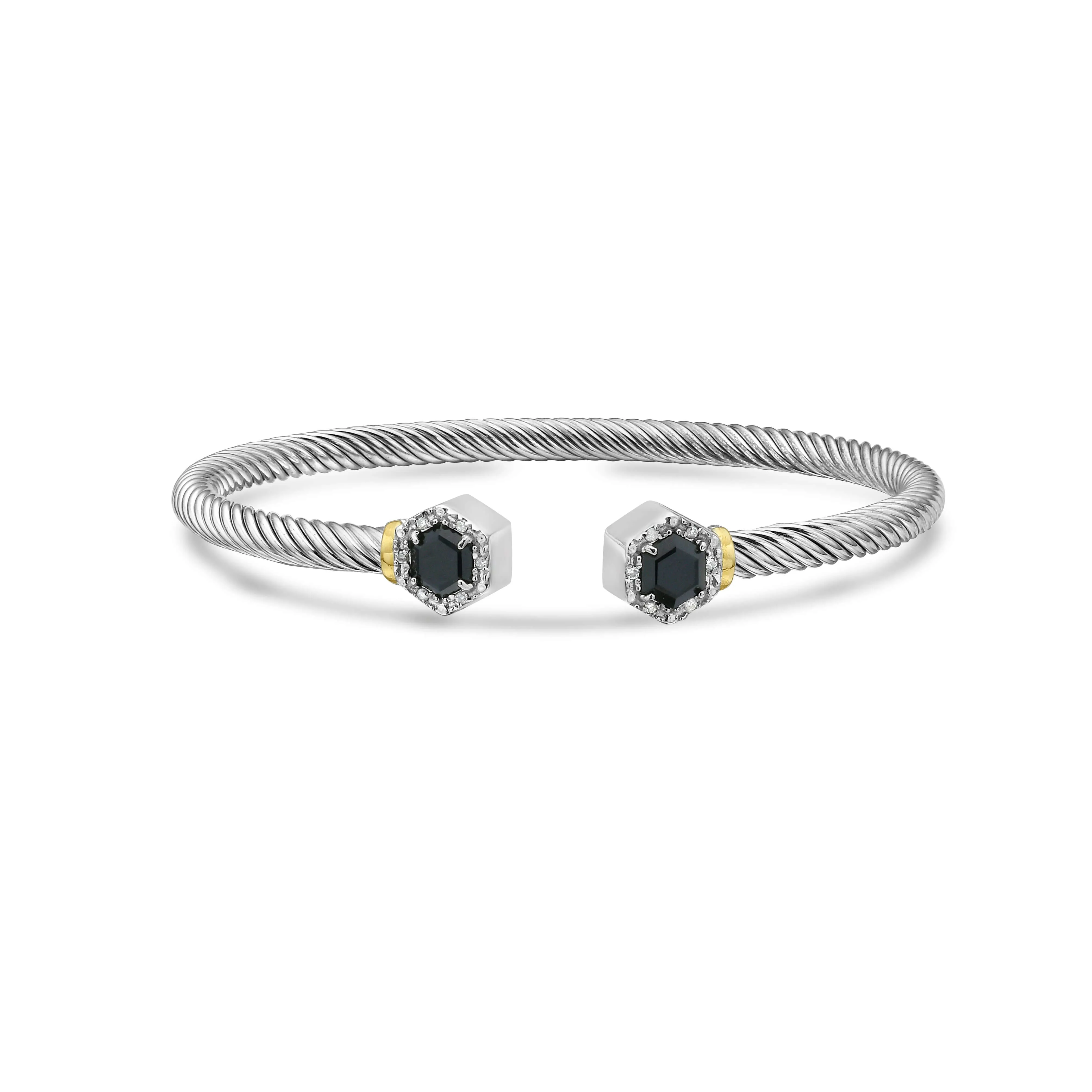 Silver & 18K Hexagon Cable Black Onyx Bangle