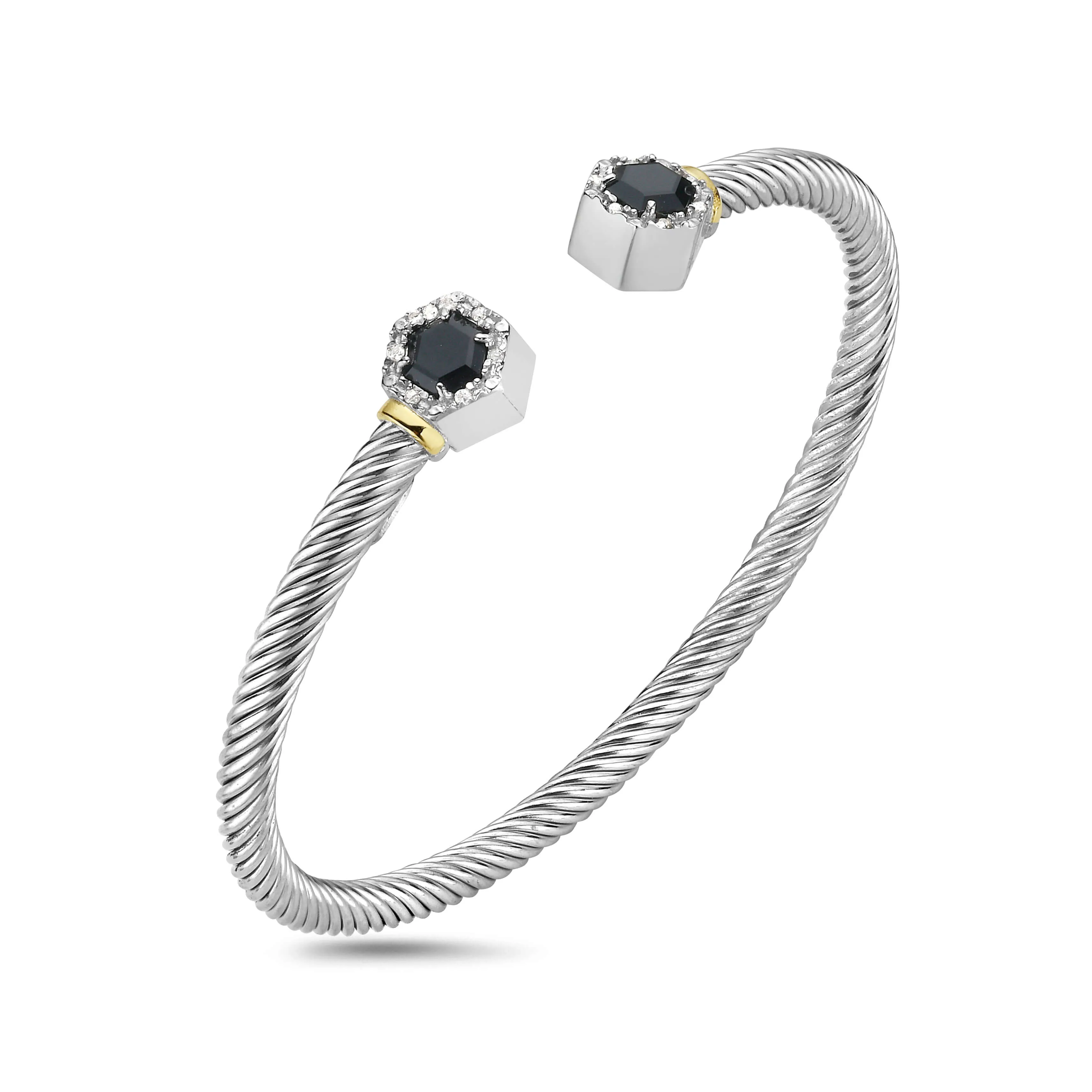Silver & 18K Hexagon Cable Black Onyx Bangle