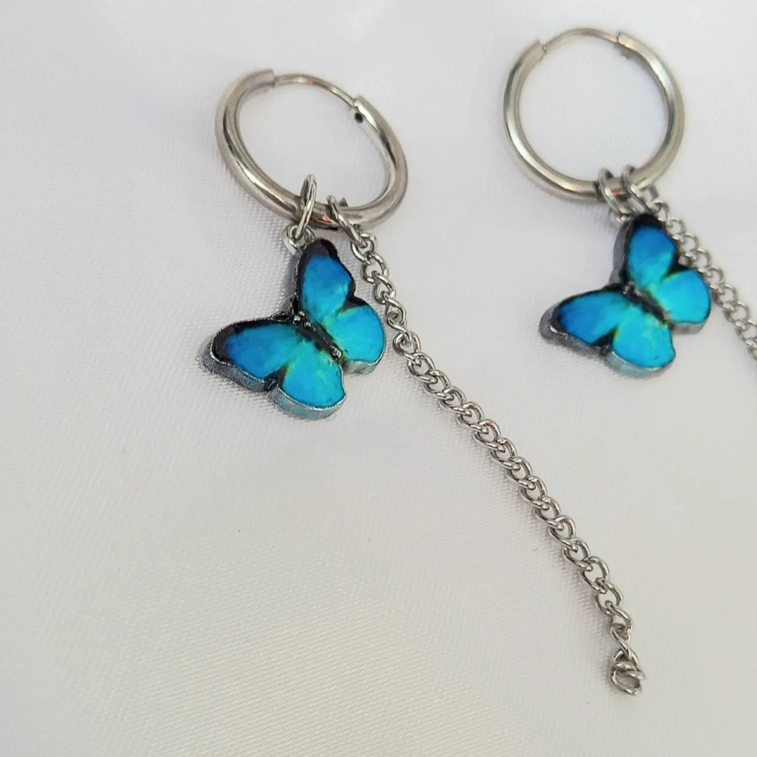 Silver Butterfly Hoop Earrings - Lightweight Hoop Earrings In The UK,Blue Butterfly Earrings,Hoop Earrings,Silver Earrings,Silver Jewellery