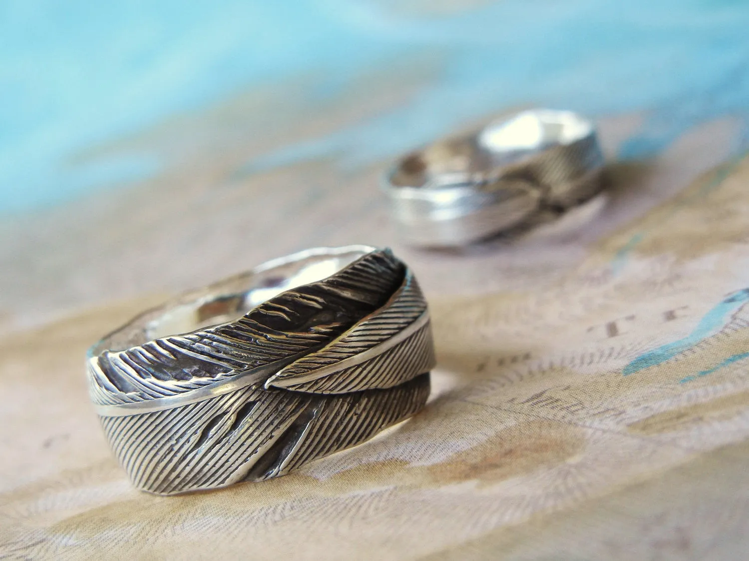 Silver Feather Wedding Rings