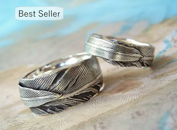 Silver Feather Wedding Rings