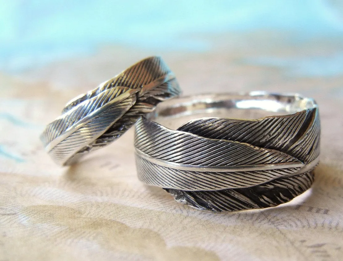Silver Feather Wedding Rings