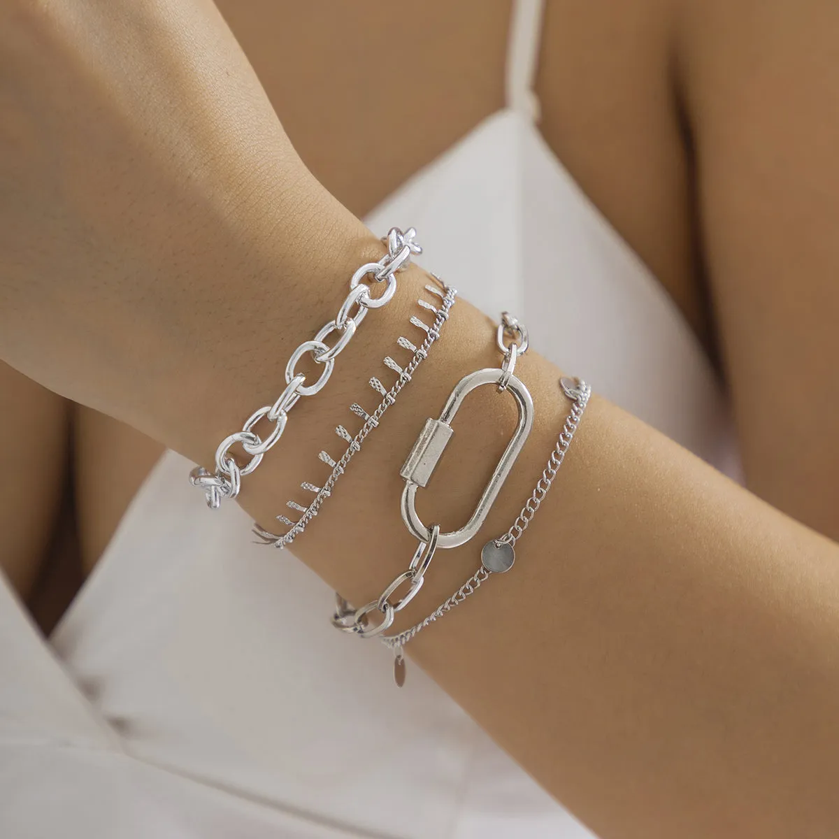 Silver-Plated Oval Charm Bracelet Set
