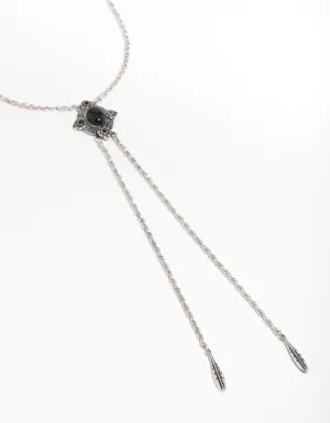 Silver Textured Black Stone Rhombus Y-Necklace