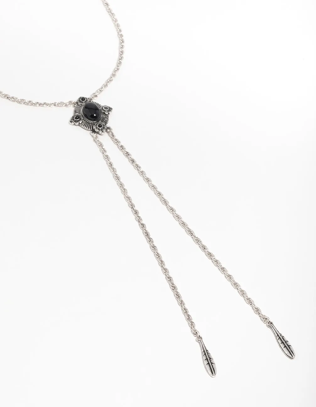 Silver Textured Black Stone Rhombus Y-Necklace