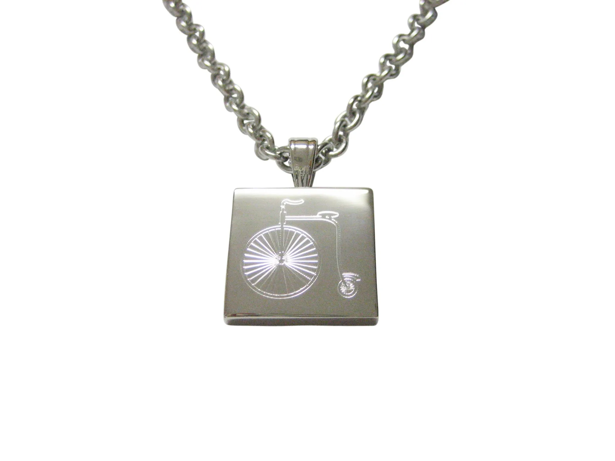 Silver Toned Etched Penny Farthing Bicycle Pendant Necklace