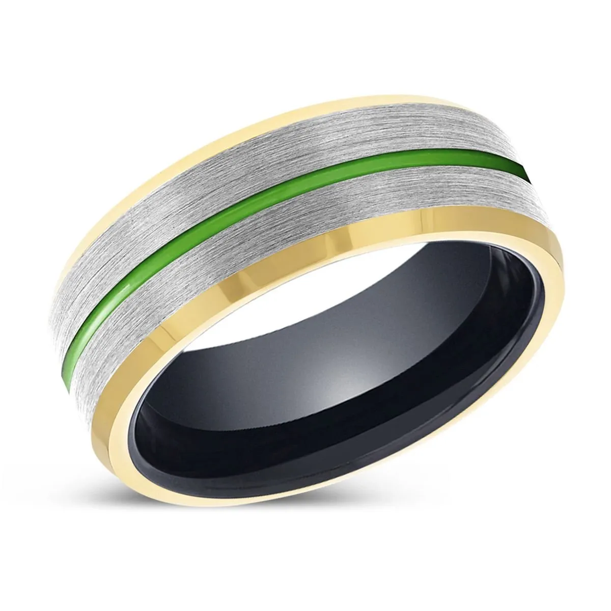 SKYMAGE | Black Ring, Silver Tungsten Ring, Green Groove, Gold Beveled Edge