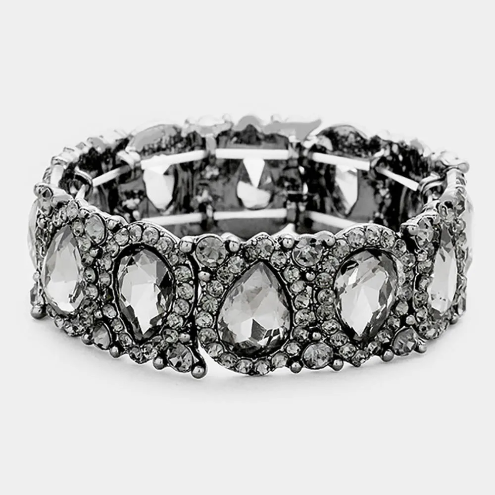 Slim Black Diamond Crystal Pear and Rhinestone Stretch Bracelet  | Pageant Jewelry | 382417