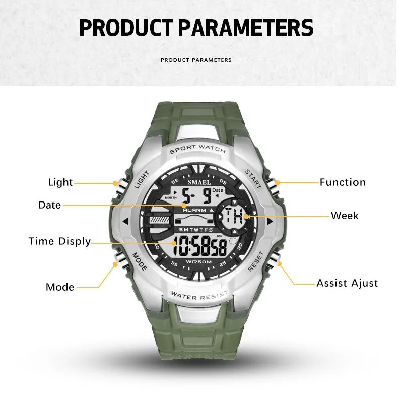 SMAEL 6 Fashion Colors Men Chronograph Watch Outdoor Sports Digital Watches Military Mens Army Alarm Chrono Sport Wristwatches