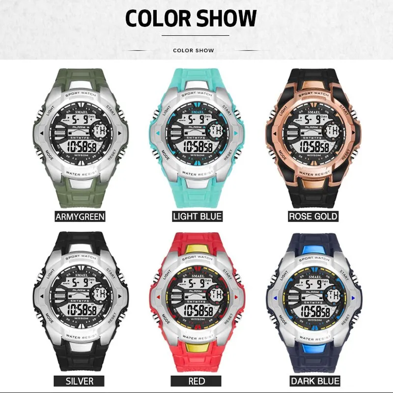 SMAEL 6 Fashion Colors Men Chronograph Watch Outdoor Sports Digital Watches Military Mens Army Alarm Chrono Sport Wristwatches