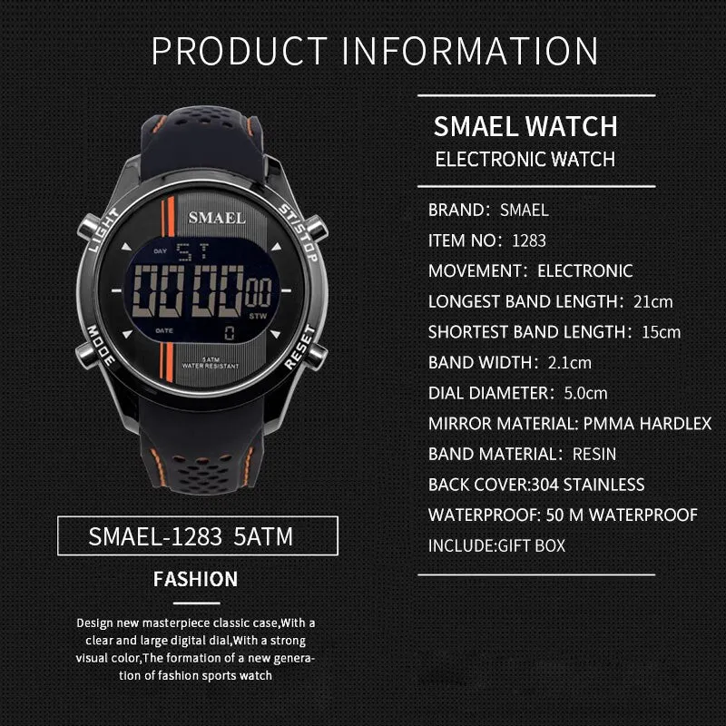 SMAEL Digital Watches Men Silicone Strap Outdoor Sports Multifunction Wristwatch Male Alloy Clock Chronograph Electronic Watch