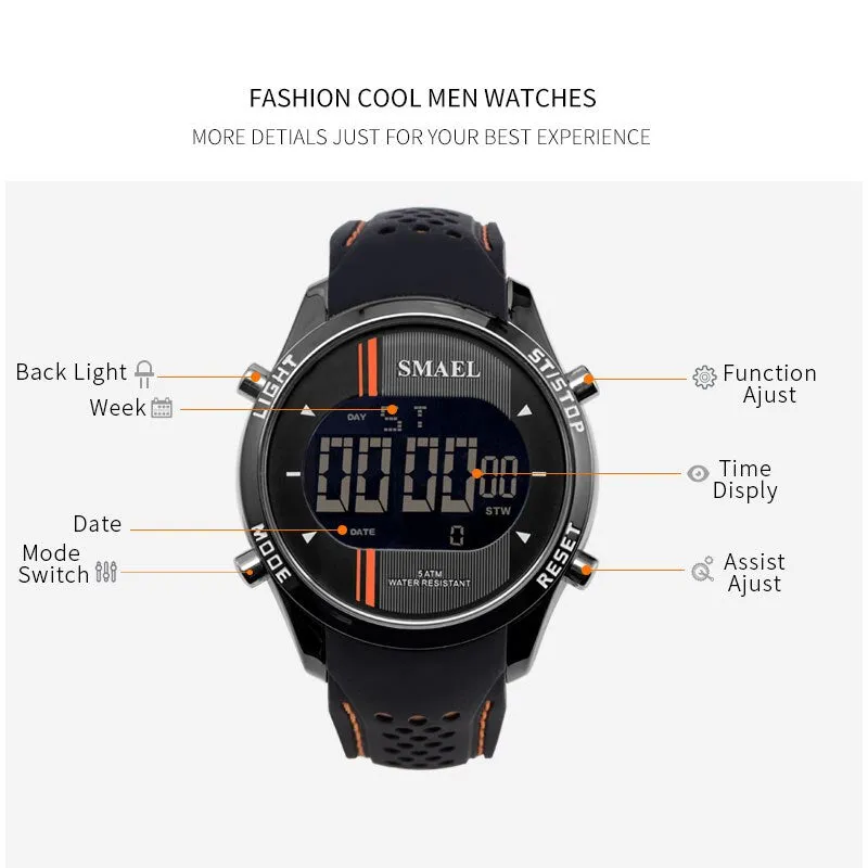 SMAEL Digital Watches Men Silicone Strap Outdoor Sports Multifunction Wristwatch Male Alloy Clock Chronograph Electronic Watch